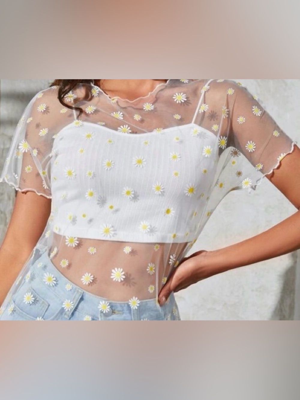 Sheer Daisy Themed Mesh Cover-Up Tunic for Med to XL. - Picture 1 of 9